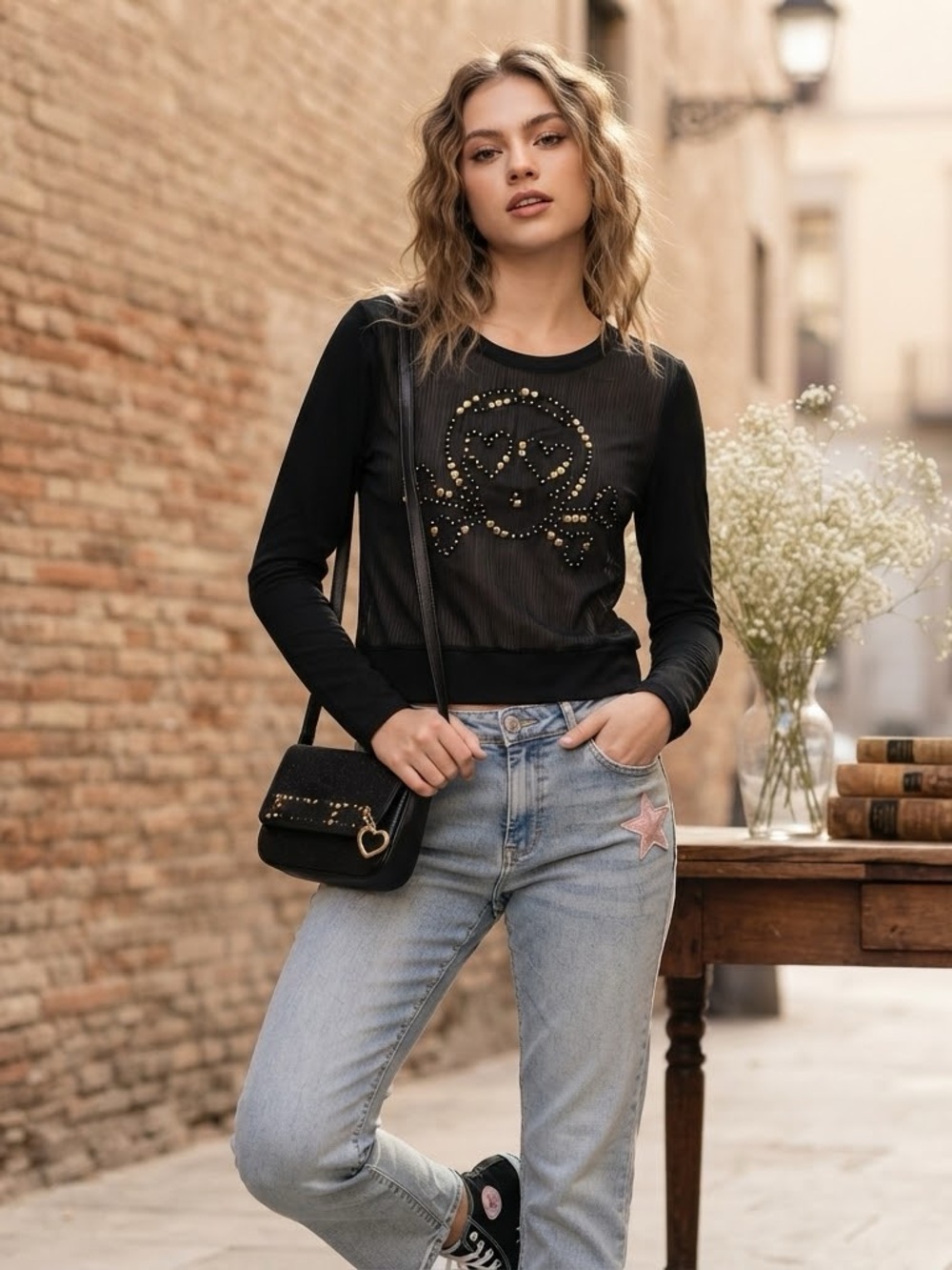 MONIGO Y2K Mesh Rhinestone Skull Long Sleeve Top Black Sz L (12)